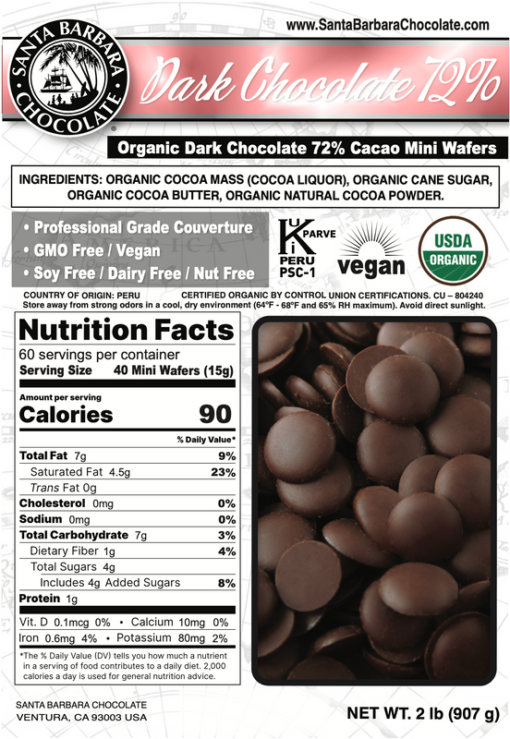 72% Cocoa Dark Chocolate Chips - Soy and Lecithin Free